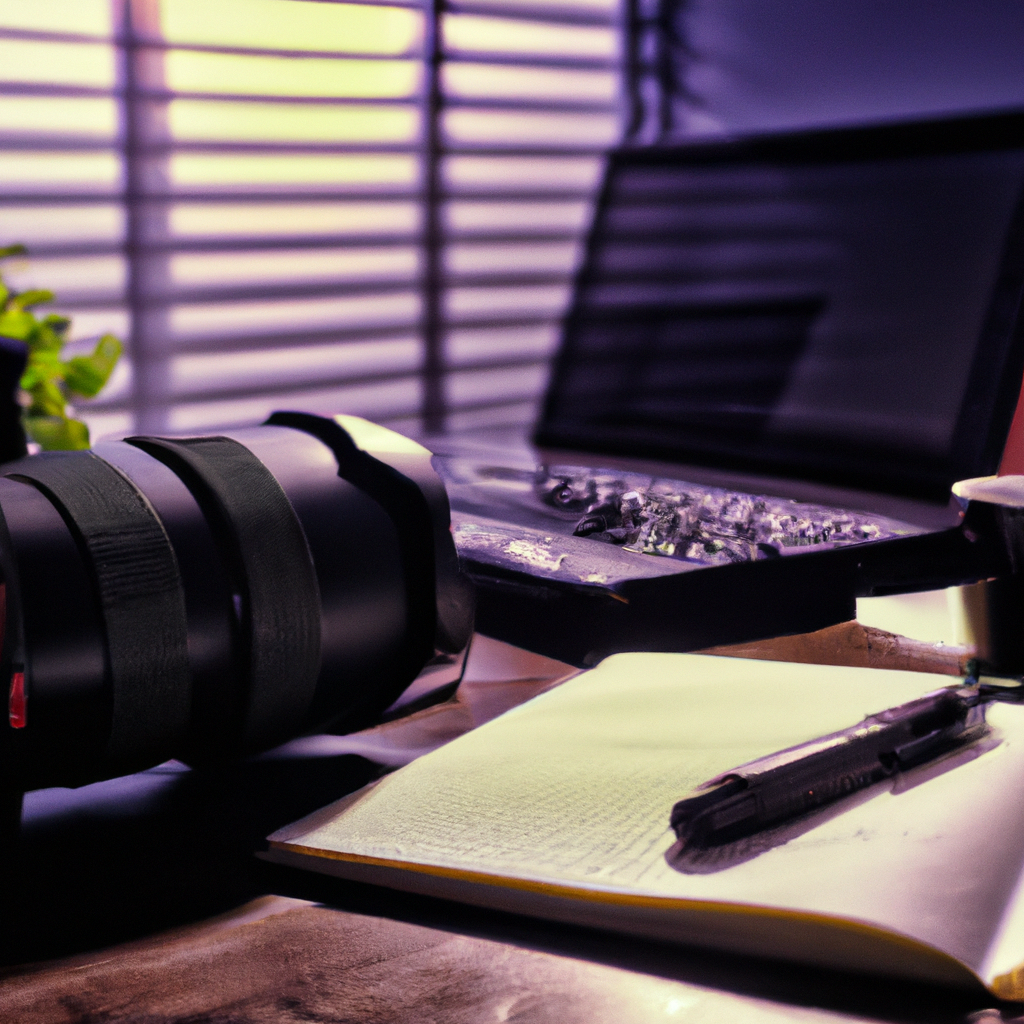 Espacio de trabajo fotoperiodístico con cámara, lentes y cuaderno